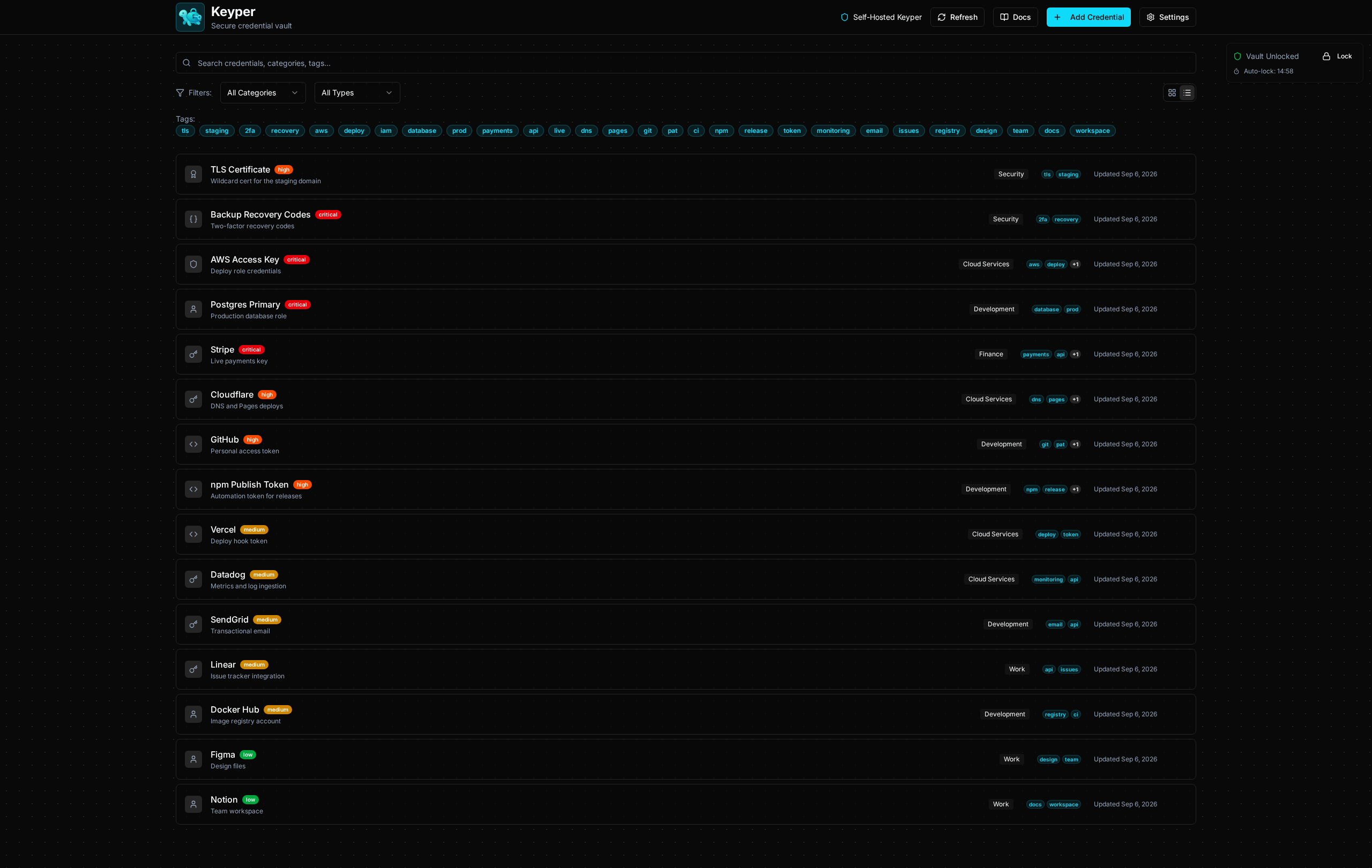 The Keyper dashboard in list view, showing one row per credential with its category, tags, and last-updated date